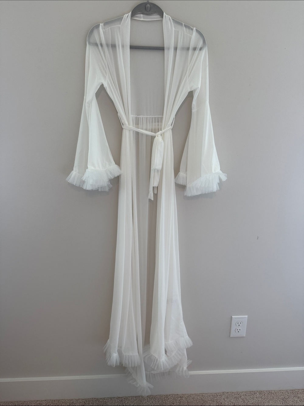 Bridal Sheer Ivory Long Robe with Ruffle Trim - Picture 2 of 4